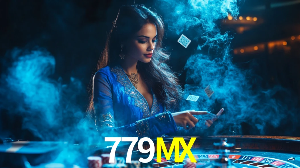 Una escena digital vívida inspirada en casino con 779MX mostrado prominentemente, luces brillantes, fichas, cartas y acentos dorados.