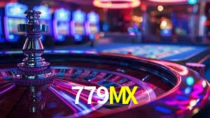 Escena dinámica inspirada en casino con iluminación 779MX, cartas, fichas e íconos de juegos digitales en un espacio moderno de juegos.